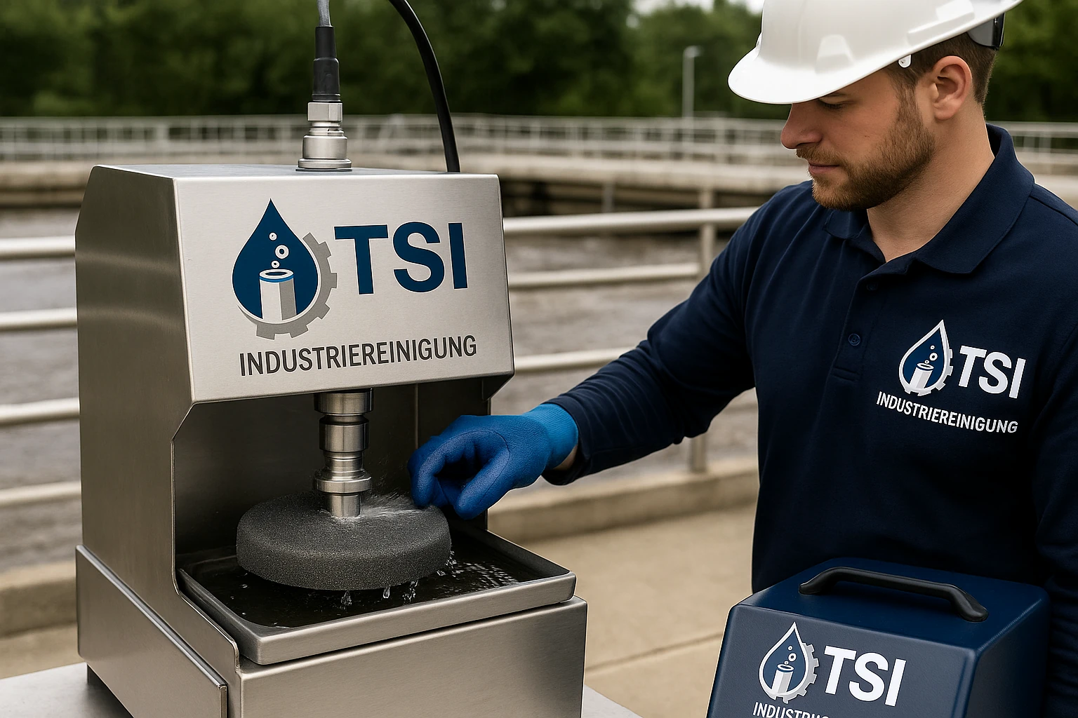 TSI-Techniker an einer gekennzeichneten Reinigungsanlage f&uuml;r keramische Dom-Bel&uuml;fter