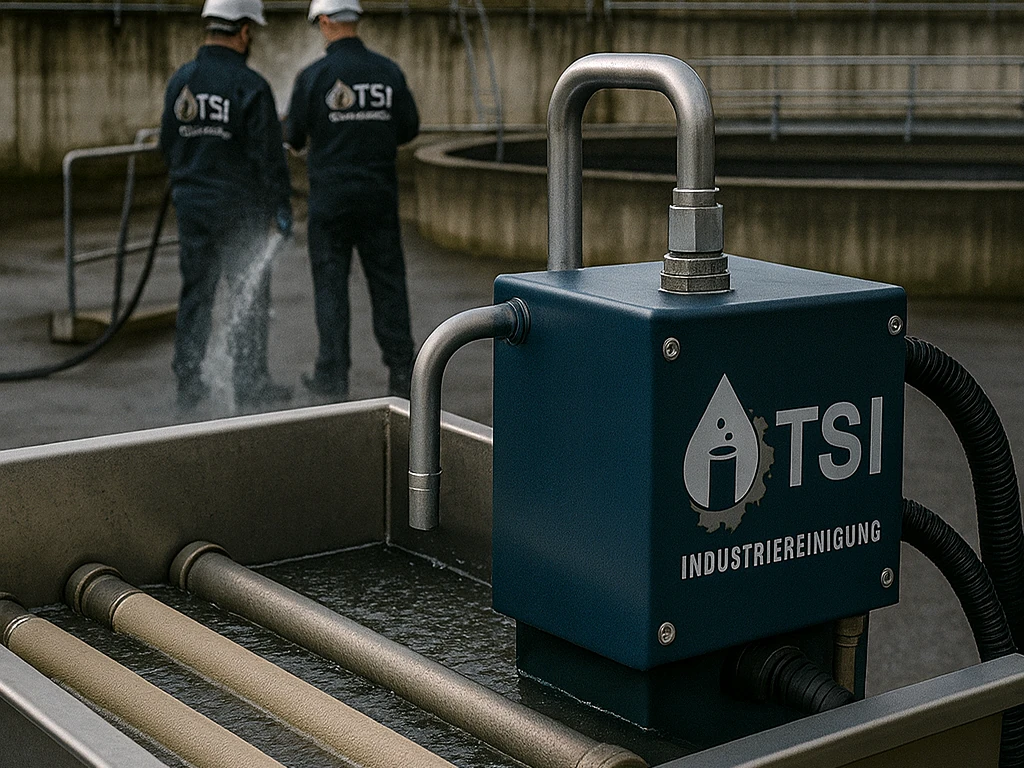 TSI-Reinigungsanlage f&uuml;r keramische Bel&uuml;fterelemente mit gekennzeichnetem Geh&auml;use und TSI-Technikern