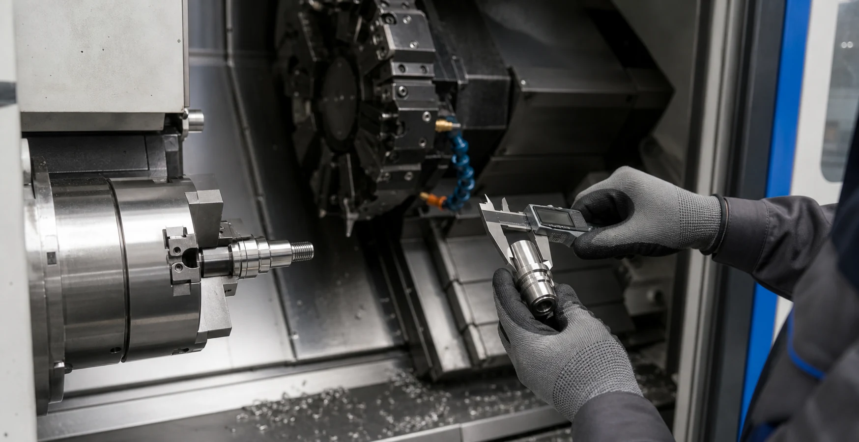 Pr&auml;zisionsmessung eines CNC-gefertigten Drehteils in einer modernen Werkzeugmaschine